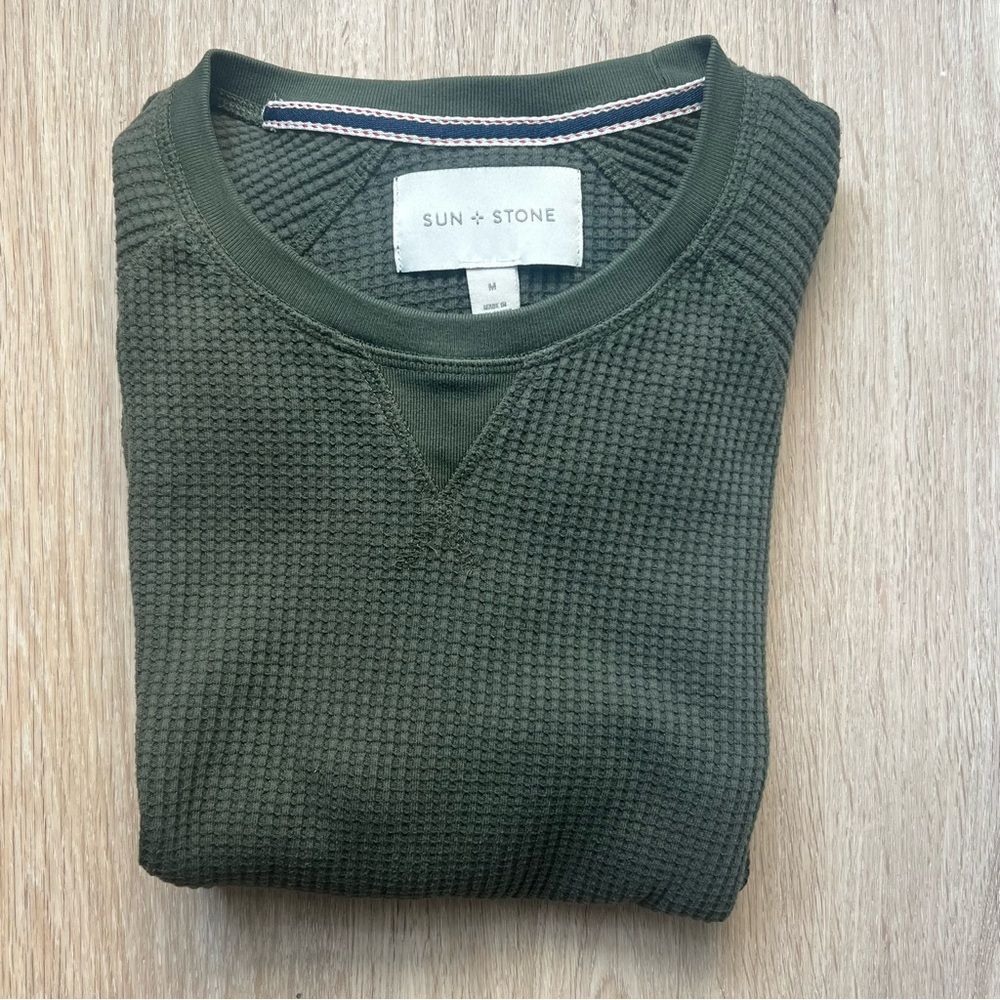 Sun & Stone Pullover Sweatshirt Men’s M Green Waffle Knit Casual Crewneck